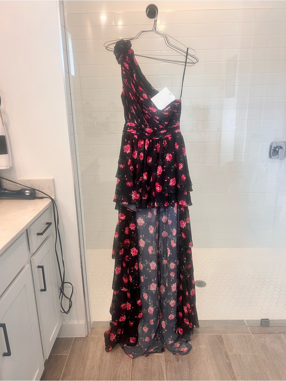Mac Duggal Black Dress with Red and Green Floral Print